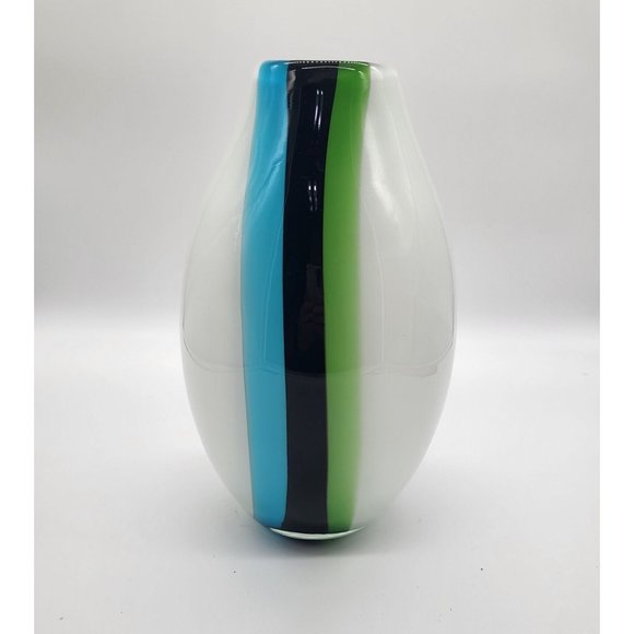 Other - White Glass Vase Abstract Modern Green Blue Black Stripe Decor